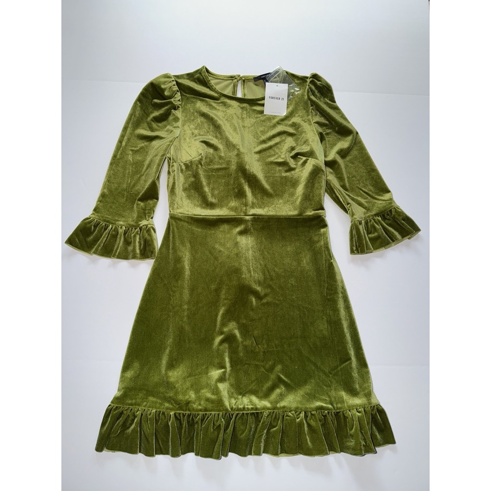 Forever 21 Women Small Olive Green Velvet Ruffle Sleeve Mini Dress Cottage NWT